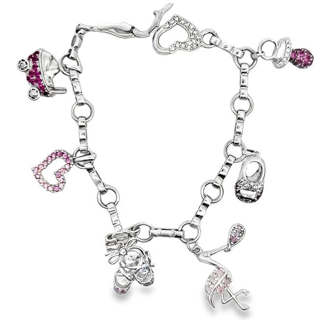 14W Baby Girl Themed Diamond and Pink Sapphire Charm Bracelet