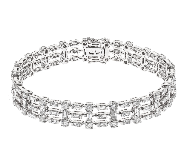 Platinum Baguette and Round Diamond Lattice Bracelet, 7.25"