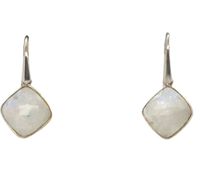 Sterling Silver Moonstone Bezel Set Square Cushion Checkerboard Dangle Earrings with Fish Hooks