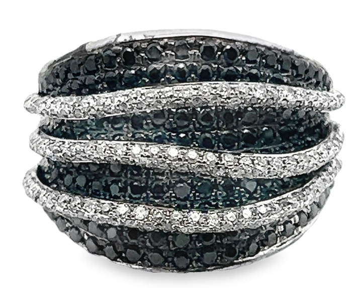 18W Wide Pave' Black Diamond Triple White Diamond Swirl Ring Size 6
