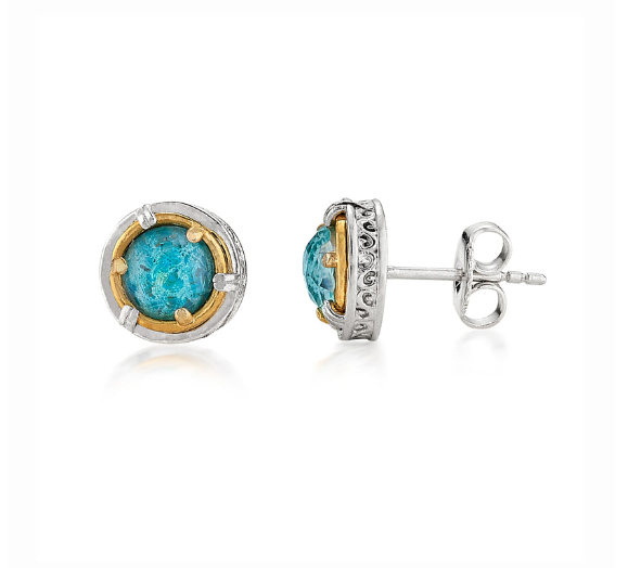 Sterling Silver 18K Vermeil Chrysocolla/Quartz Doublet Round Stud Earrings