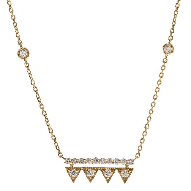 Color Jewels- 14Y 4 Triangle Bar Diamond Necklace with 2 Bezel Set Diamond Stations on Diamond Cut Cable Chain with Lobster Clasp