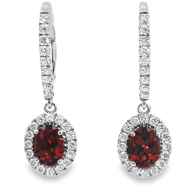 14W Oval Garnet and Diamond Halo Leverback Dangle Earrings