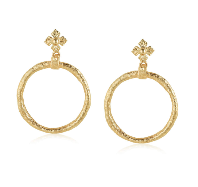 Hammered Gold Vermeil Hoops with Flower Detail