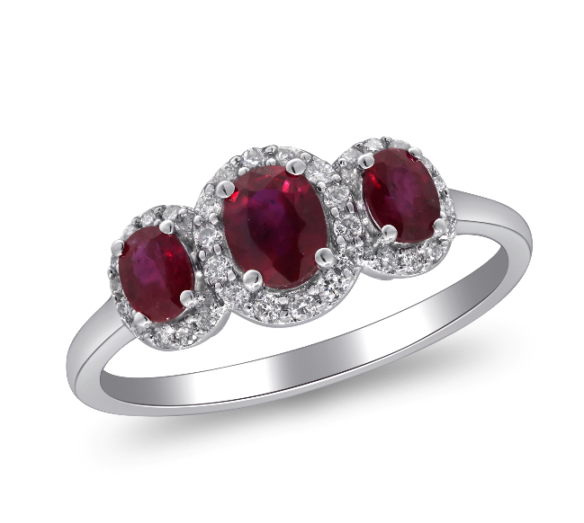 14W Gold Petite Three Oval Ruby Halo Ring Size 7