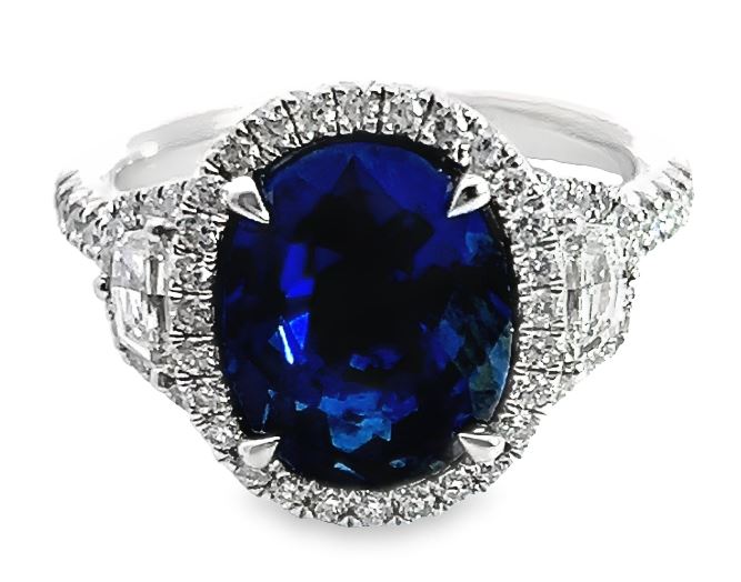Platinum Oval Sri Lankan Sapphire and Caddilac/RBC Diamond Ring GIA Size 6.5