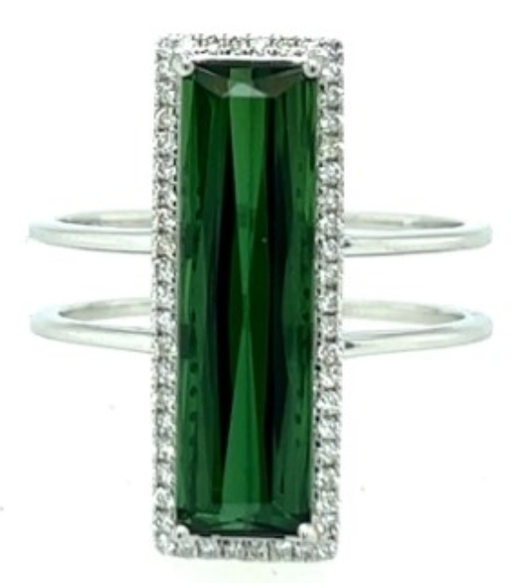 18W Vertical Green Tourmaline & Diamond Halo Ring Size 6