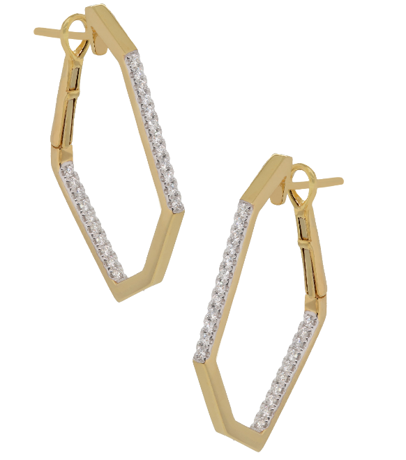 14Y Hexagon Hoop Earrings with Outer and Inner Diamond Accents