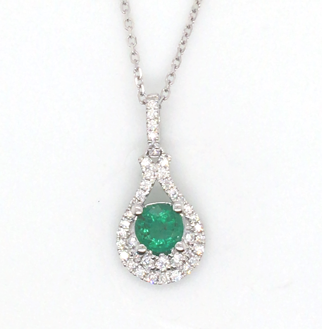 18W Round Emerald and Diamond Double Halo Drop Pendant