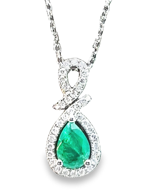 14W Round Emerald and Diamond Halo Pendant with Reverse V Rope Bail