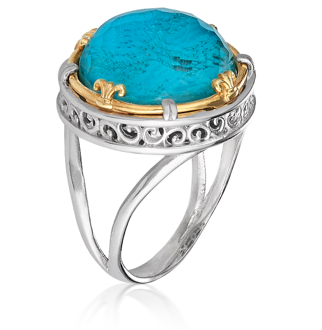 Sterling Silver 18Y Vermeil and Round Chrysocolla Doublet Filigree Ring Size 7