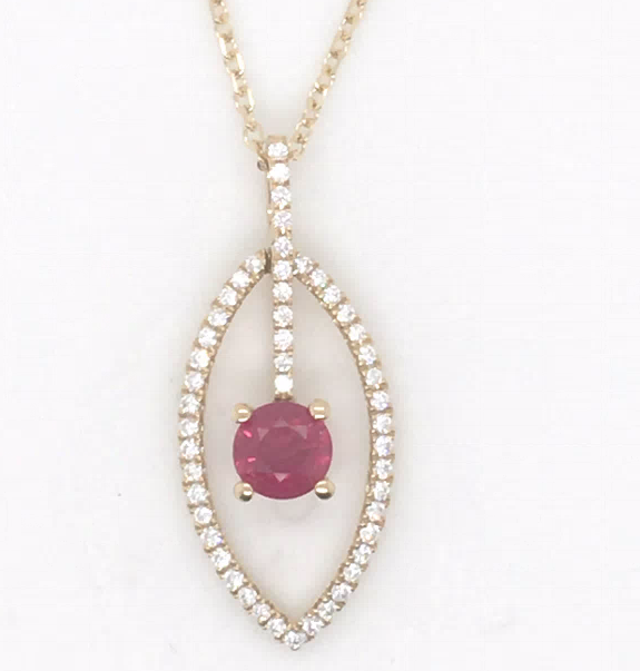 14Y Round Ruby and Open Diamond Navette Design Pendant