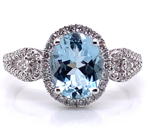 14W Oval Aqua and Halo Diamond Ring Size 7