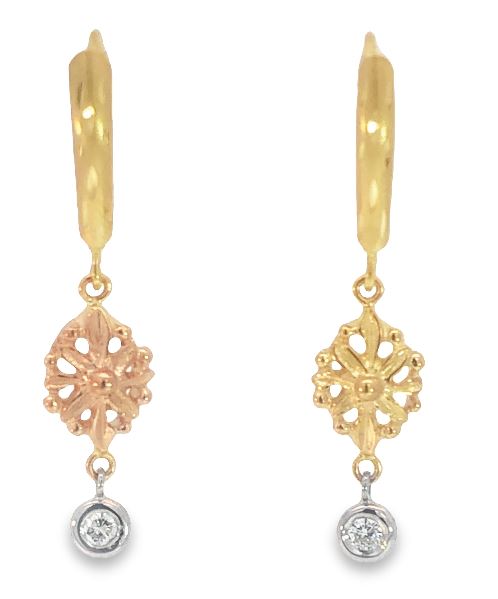 14Y Antique Style Drop Earrings with Bezel set Diamonds
