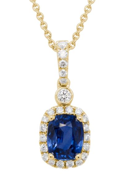 14Y Cushion Sapphire and Diamond Halo/Bail Pendant and Chain 16-18"