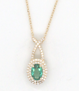 14Y Oval Emerald with Double Diamond Halo Pendant