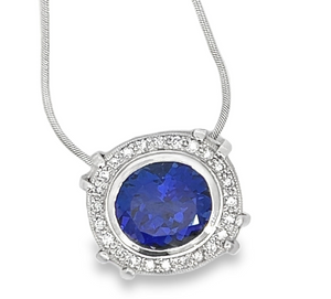 14W Oval Tanzanite and Round Diamond Halo Pendant on Snake Chain