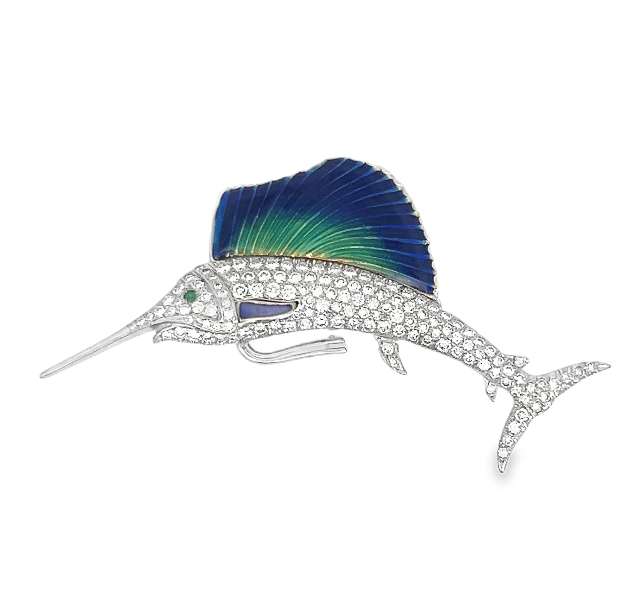 18TT 3.5cts Pave Diamond and Blue/Green Enamel Swordfish Pin