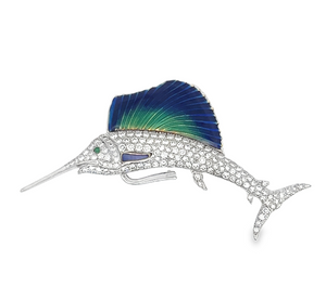 18TT 3.5cts Pave Diamond and Blue/Green Enamel Swordfish Pin