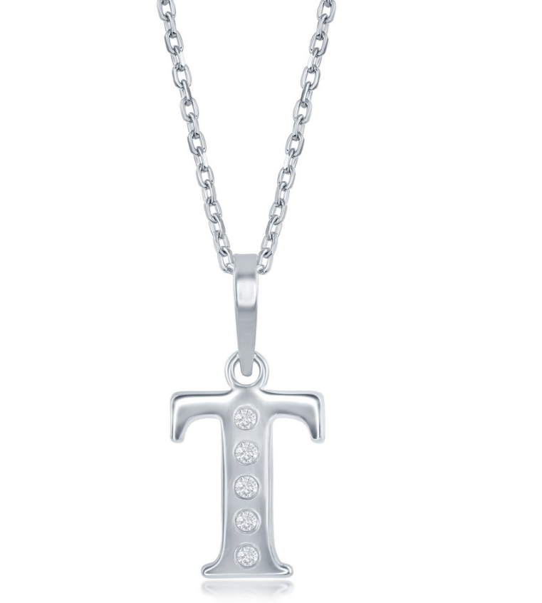 Sterling Silver Diamond Initial 'T' Pendant with Chain