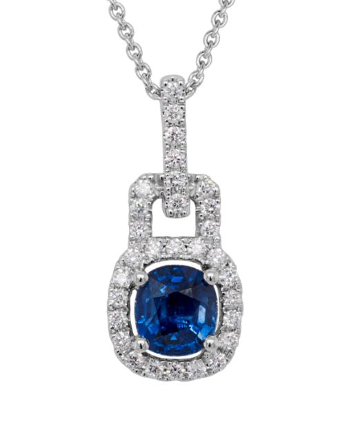 14W Cushion Sapphire and Diamond Halo Door Knocker Pendant and Chain