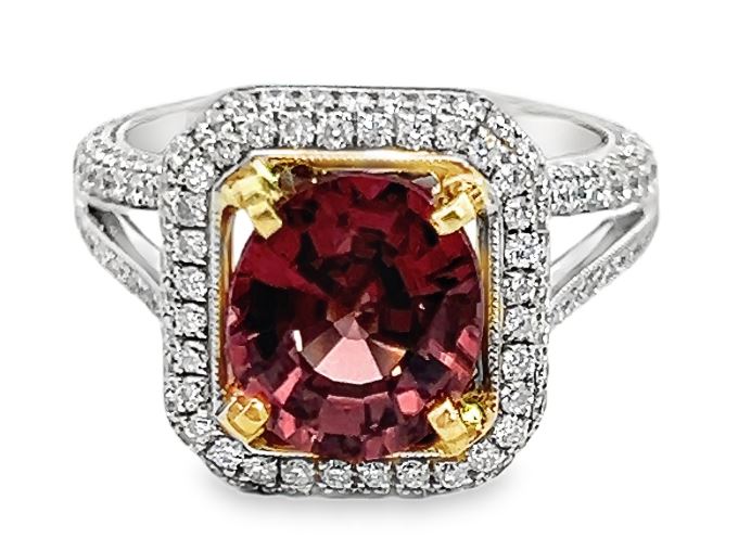 18W Cushion Pink Zircon and Diamond Halo/Split Shank Ring Size 5