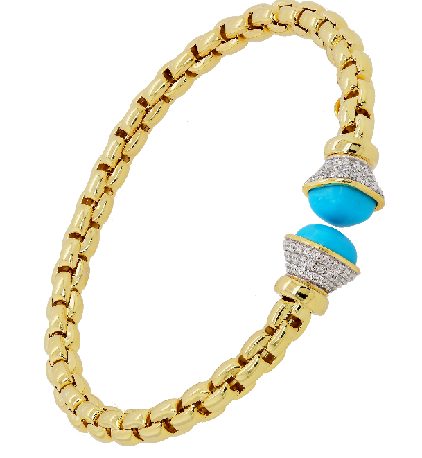 14Y Square Link Cuff Bracelet with Diamond and Turquoise Cabs