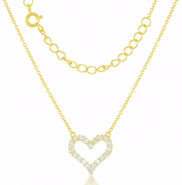 Sterling Silver Yellow Gold-Plated Open CZ Heart Necklace 16-18"