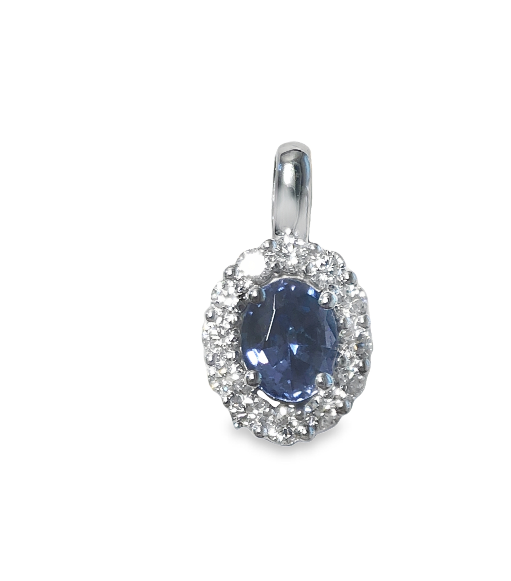 14W Oval Tanzanite and Shared Prong Halo Diamond Pendant