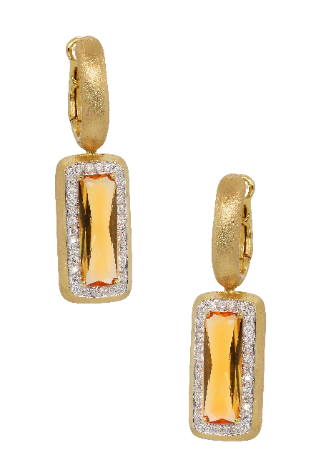 14Y Rose Cut Rectangle Citrine with Diamond Halo Hoop Dangle Earrings