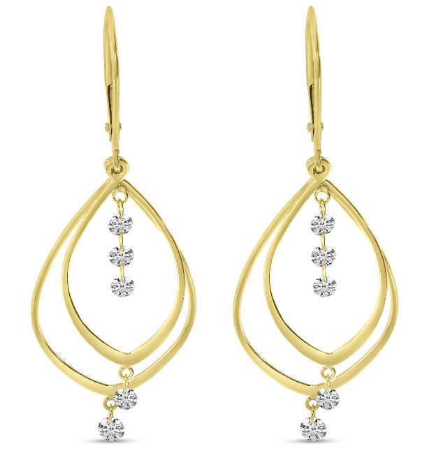 14K Yellow Gold Drilled Diamond Double Teardrop Earring