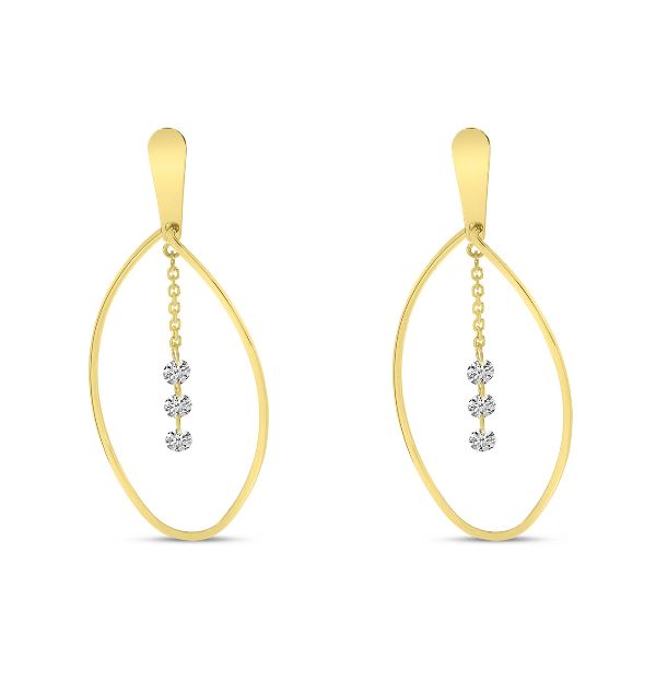 14K Yellow Gold Drilled Diamond Long Oval Post Earrings