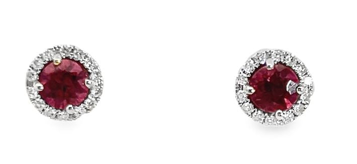 14W 4mm Round Rubellite and Diamond Halo Stud Earrings