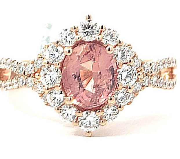 18R Oval Padparadscha Sapphire and Diamond Halo Ring Size 7