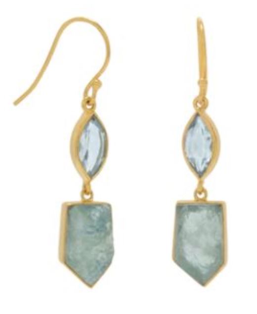 Sterling Silver 14Y Gold Plated Marquise Blue Topaz with Rough Aqua Drop Earrings