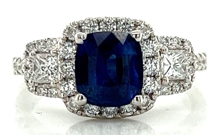 18W Cushion Blue Sapphire and Diamond Accent Ring Size 7
