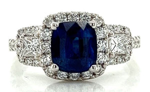 18W Cushion Blue Sapphire and Diamond Accent Ring Size 7