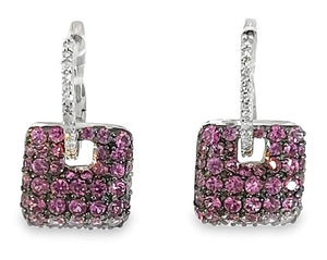 14W Pave Pink Sapphire Drop Dangles on Diamond Huggies