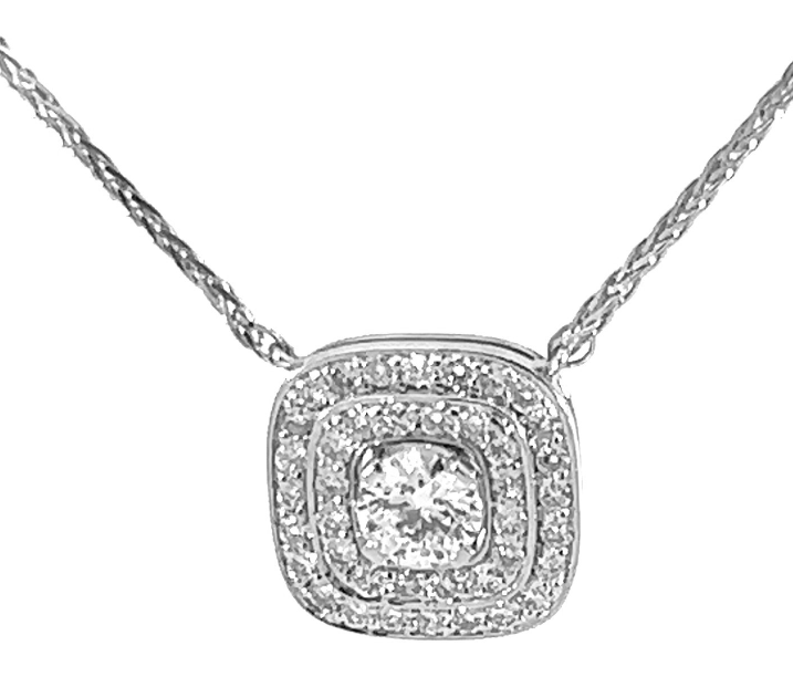 14W Round Lab Grown Center with 14W Double Halo on Platinum Wheat Chain with Lobster Clasp