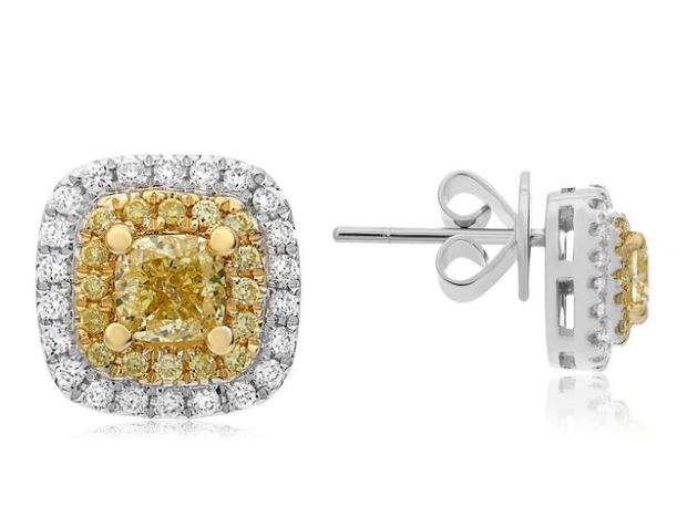 18TT Stud Earrings with Yellow Diamond Cushion and Double Halo Pendant