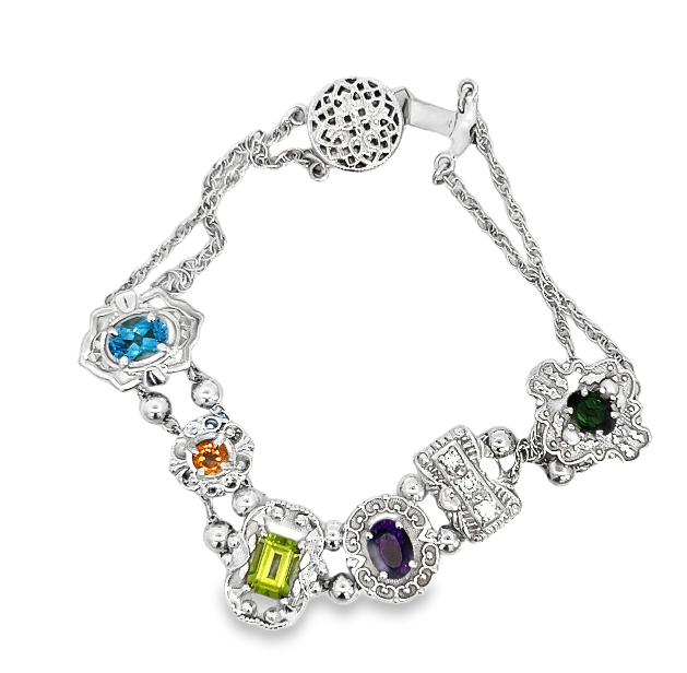 14W Richard Glatter Multi Stone Slide Bracelet with 6 Charms