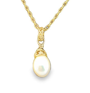 Sterling Silver 18Y Vermeil Pearl Drop Necklace with Decorative Bail