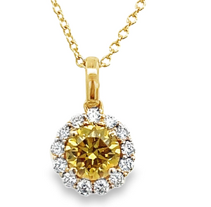 14Y Round HPHT Golden and White Diamond Halo Pendant