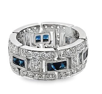 14W Diamond and Sapphire Milgrain Link Style Eternity Band sz 6.75