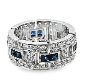 14W Diamond and Sapphire Milgrain Link Style Eternity Band sz 6.75