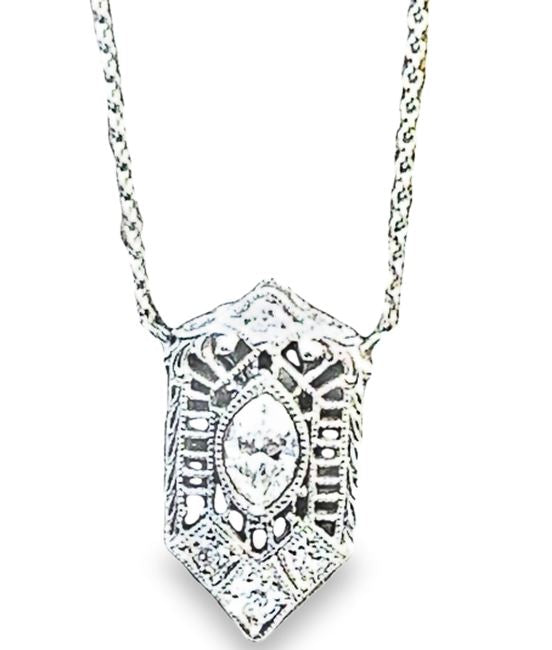 14W 16" Antique Bezel Marquise and Round Diamond Necklace with Cable Link Chain and Spring Ring