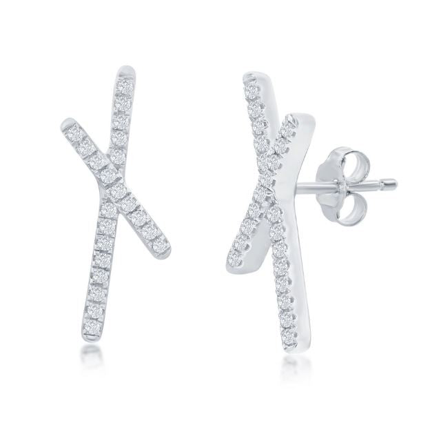Sterling Silver "X" Design Stud Earrings with Diamonds