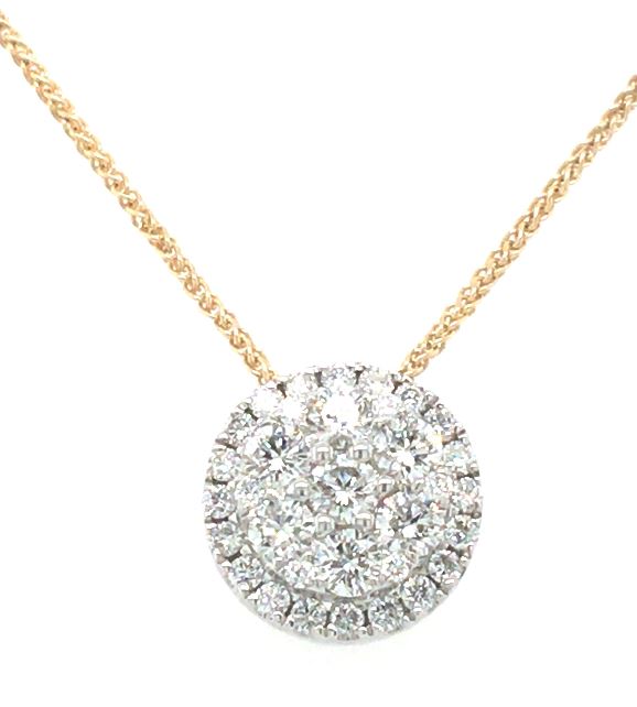 18W Round Pave Disc Necklace on 14Y Wheat Chain