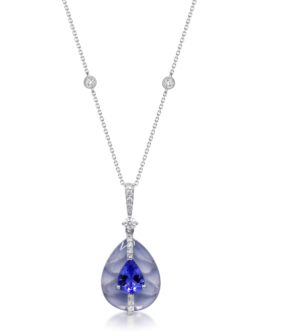 14W Pear Shape Tanzanite Pendant with Quartz and Diamond Accent with Bezel Diamond Chain