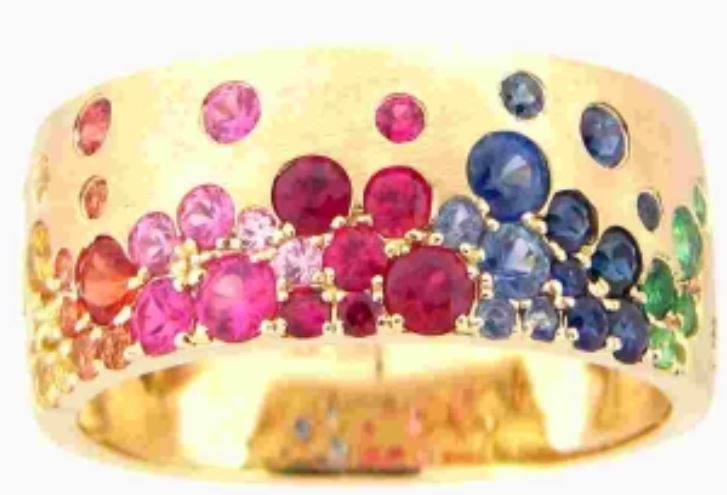 14Y Rainbow Sapphire Flush Set Cigar Band Ring Satin Finish sz 7